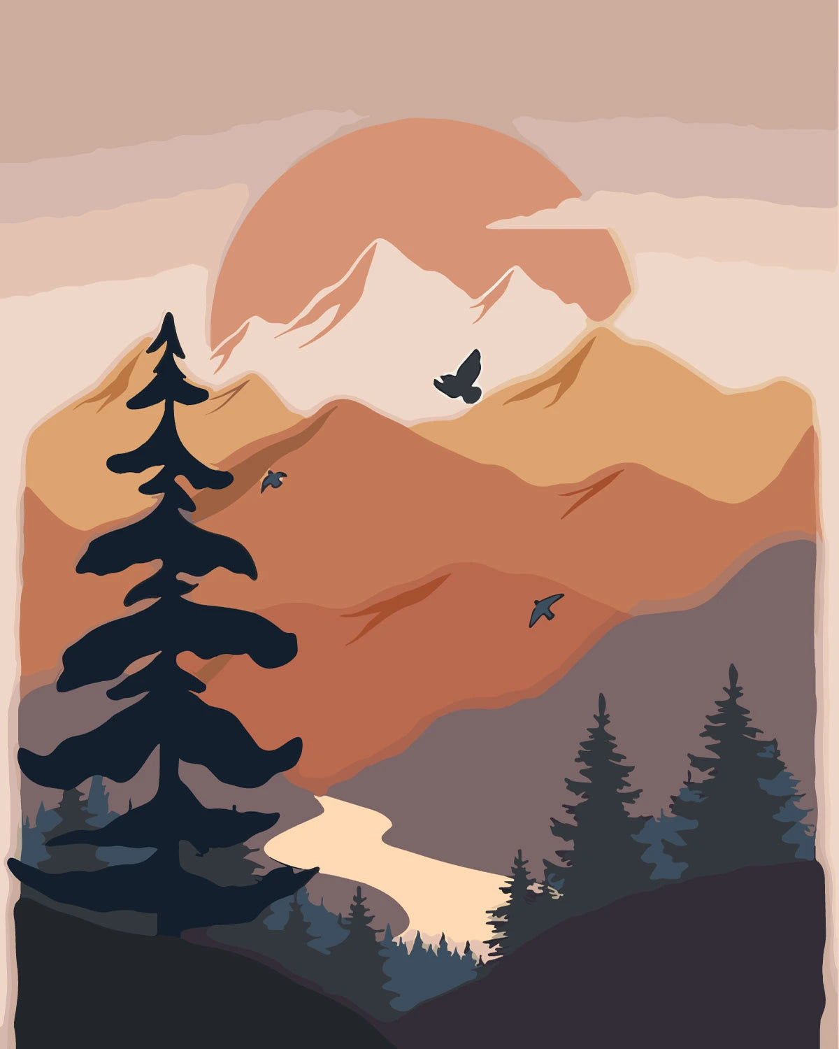 Minimalist mountain landscape with birds, trees, and sunset sky