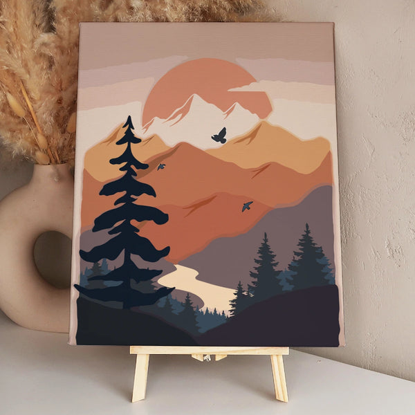 Minimalist mountain landscape with birds, trees, and sunset sky