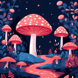 Fantasy landscape with glowing mushrooms, winding river, and night sky