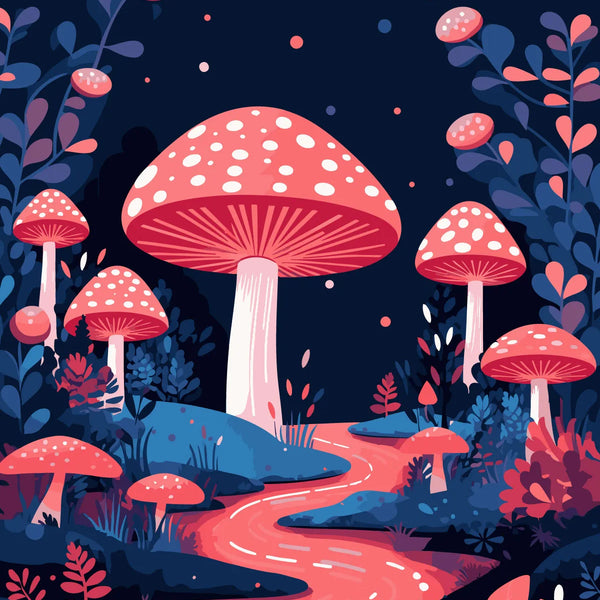 Fantasy landscape with glowing mushrooms, winding river, and night sky
