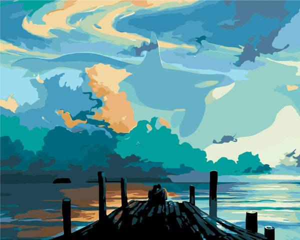 Surreal painting of a giant whale in the sky above water