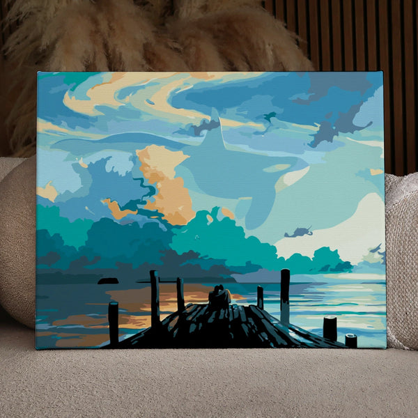 Surreal painting of a giant whale in the sky above water