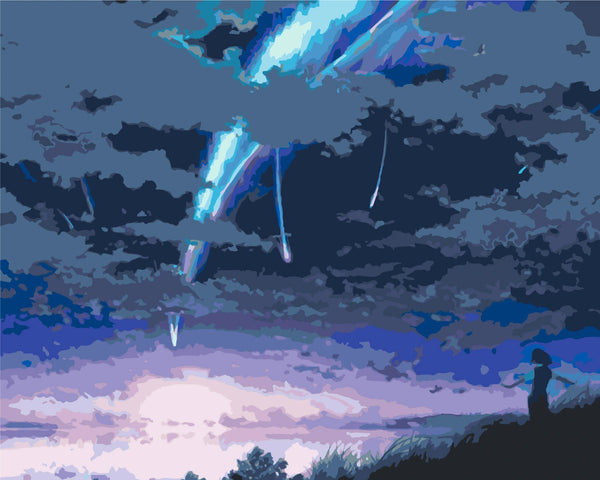 Meteor shower illuminating the night sky with a lone observer