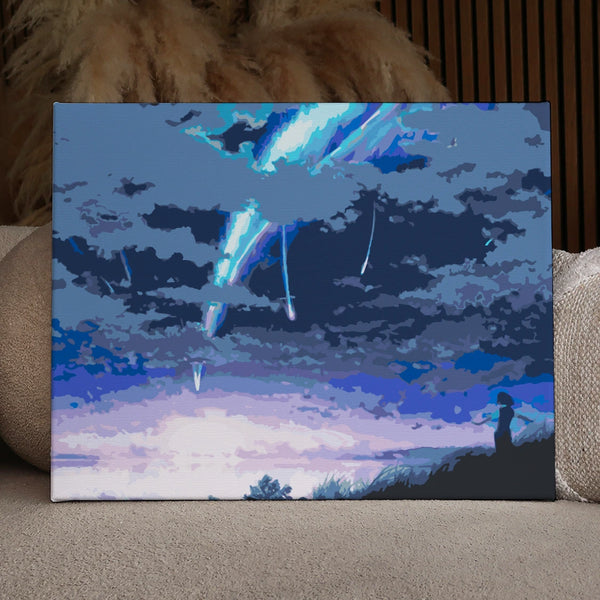 Meteor shower illuminating the night sky with a lone observer