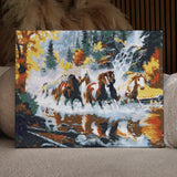 Wild horses galloping through a river with waterfall and autumn trees