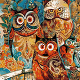 Colorful abstract painting of owls with intricate patterns and details