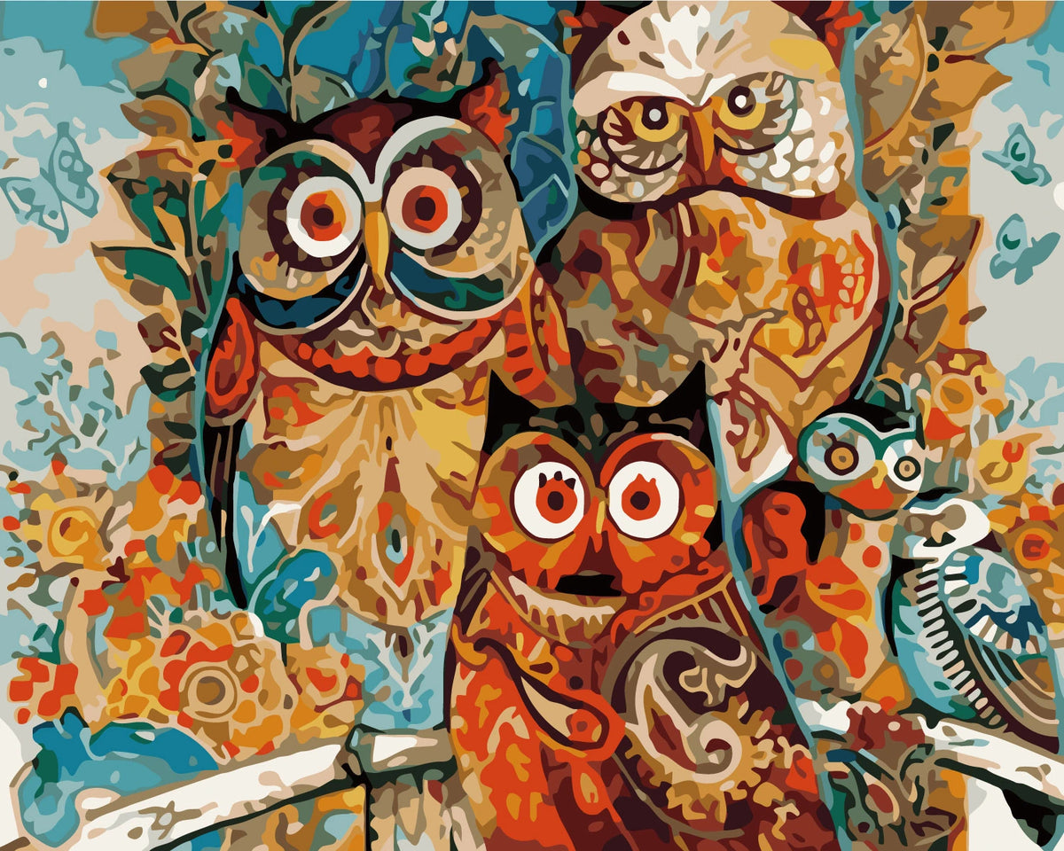 Colorful abstract painting of owls with intricate patterns and details