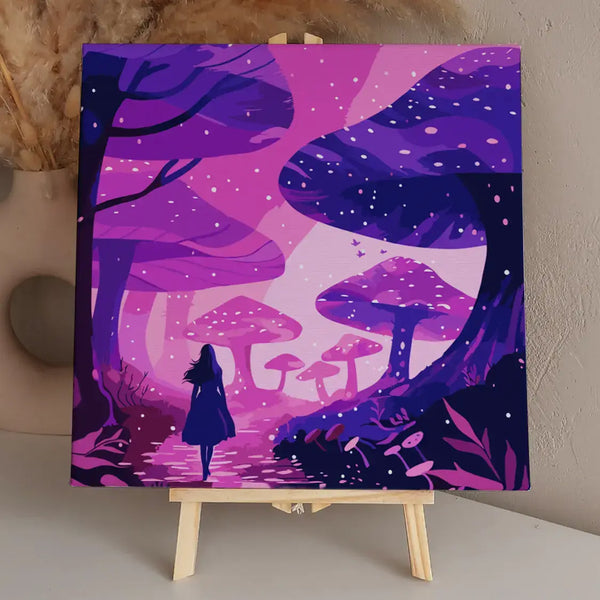 Mystical landscape with giant glowing mushrooms and a wandering figure