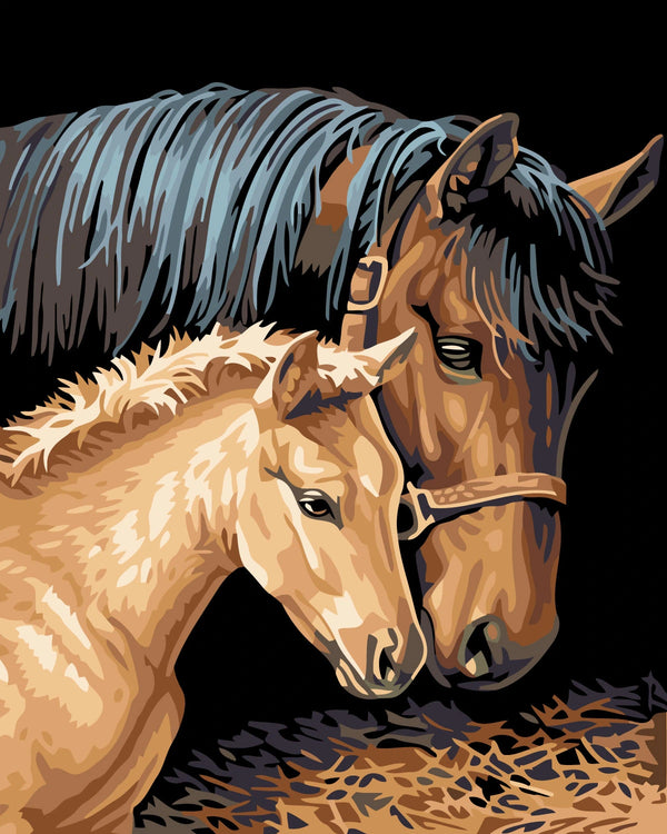 Tender moment between a father horse and his son foal