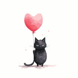 Cute black cat holding a heart-shaped balloon with love