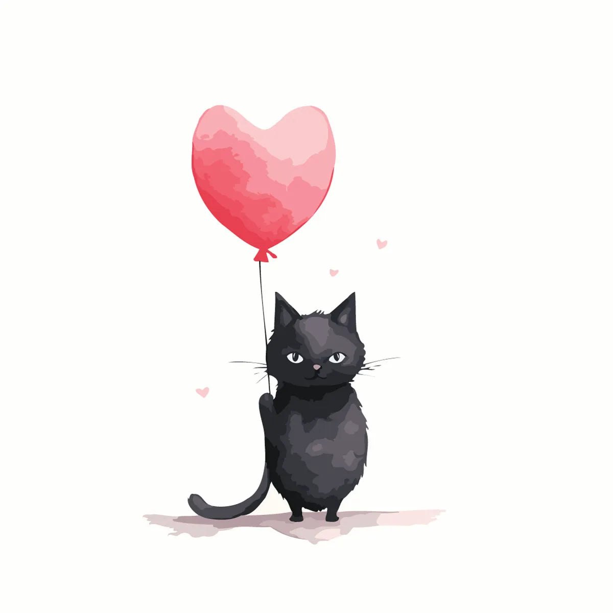 Cute black cat holding a heart-shaped balloon with love