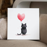 Cute black cat holding a heart-shaped balloon with love