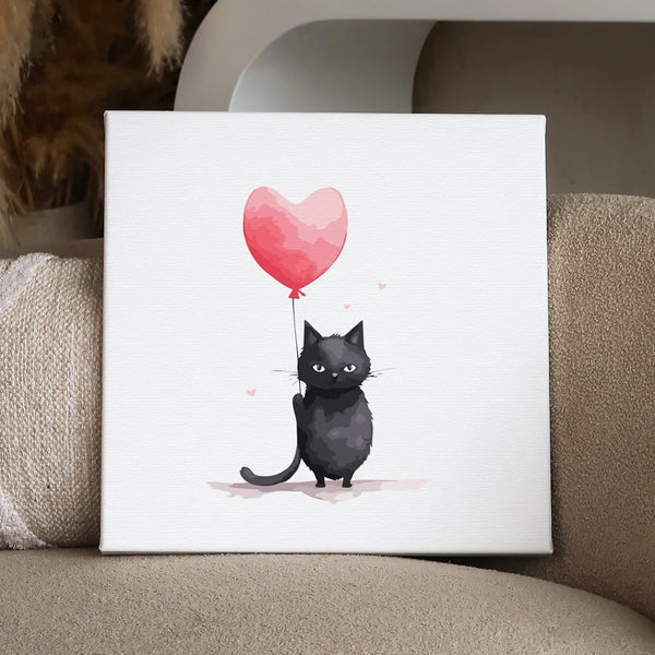 Cute black cat holding a heart-shaped balloon with love