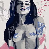 Woman with dark hair and butterfly tattoos in artistic portrait