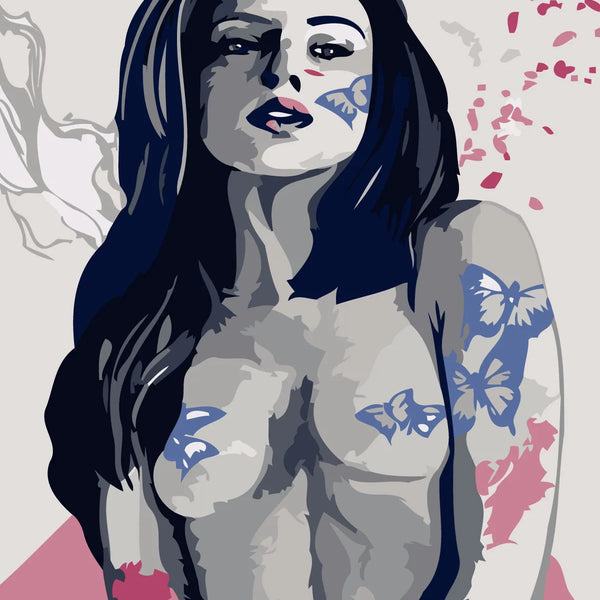 Woman with dark hair and butterfly tattoos in artistic portrait