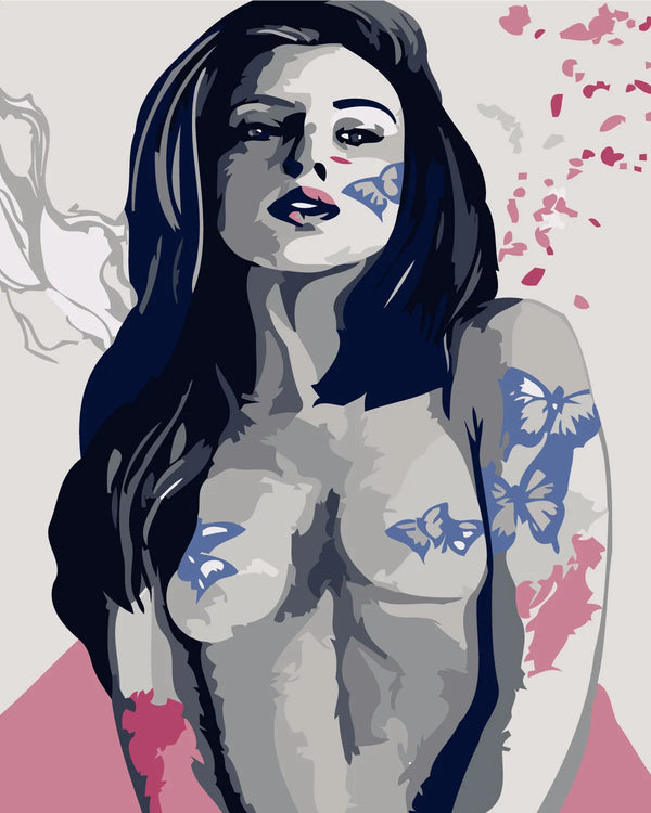 Woman with dark hair and butterfly tattoos in artistic portrait