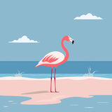 Pink flamingo standing on a sandy beach with ocean waves