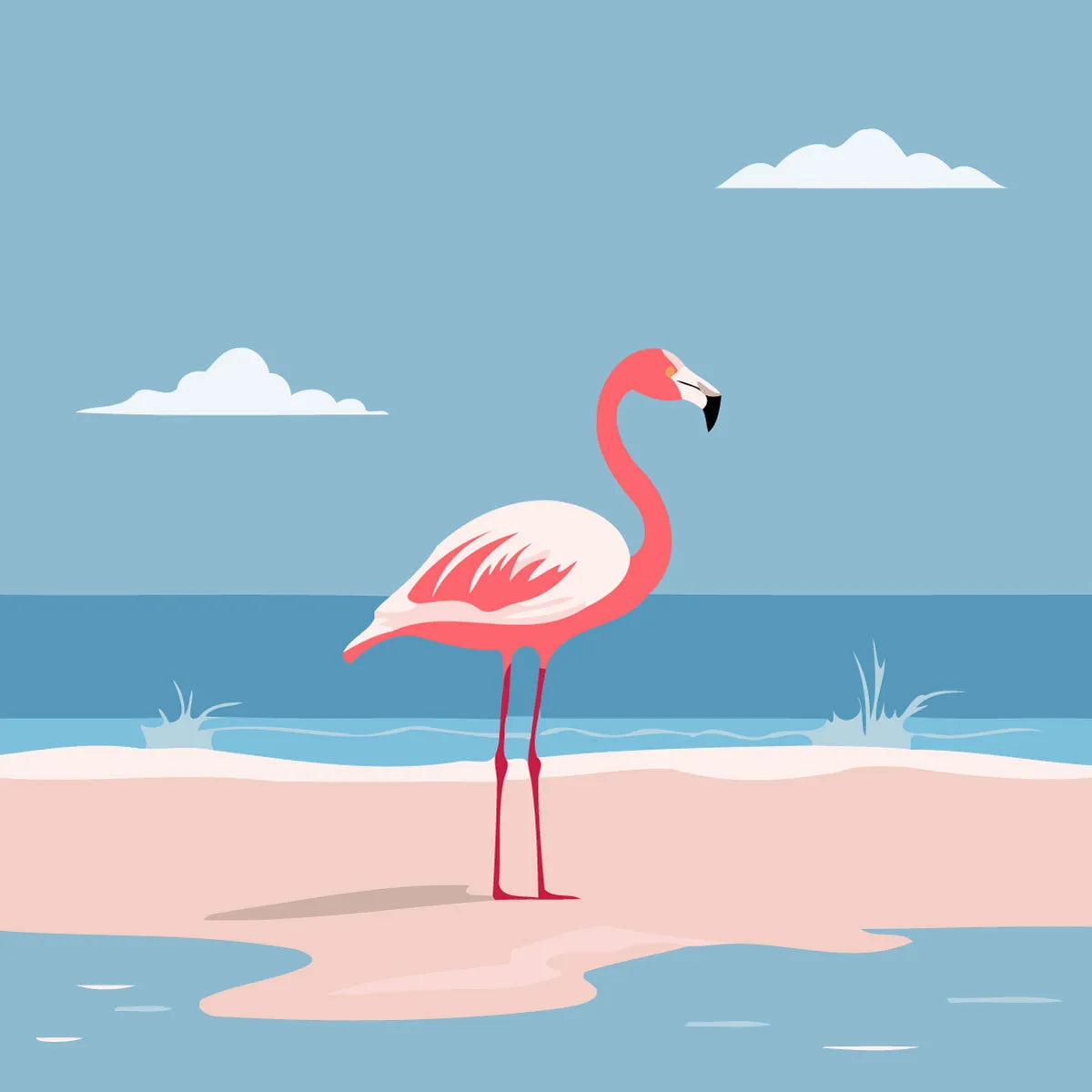 Pink flamingo standing on a sandy beach with ocean waves