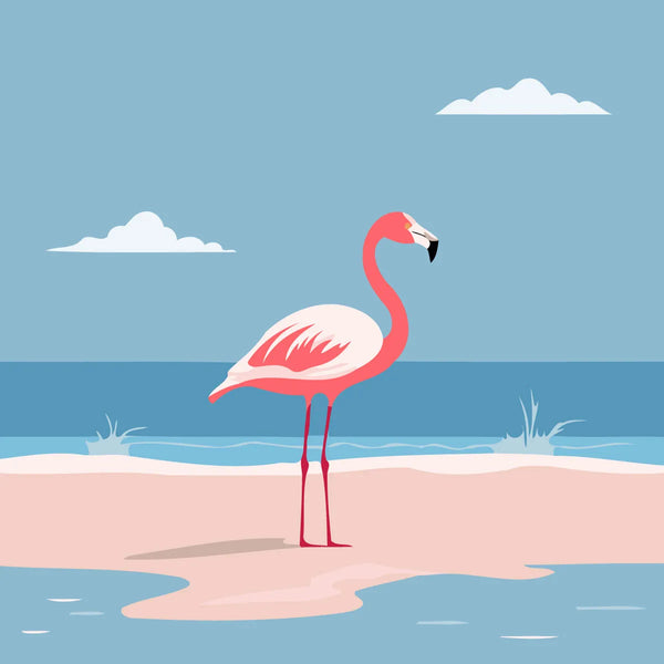 Pink flamingo standing on a sandy beach with ocean waves