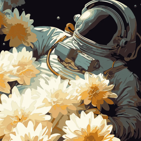 Surreal painting of an astronaut floating in space with flowers