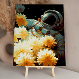 Surreal painting of an astronaut floating in space with flowers