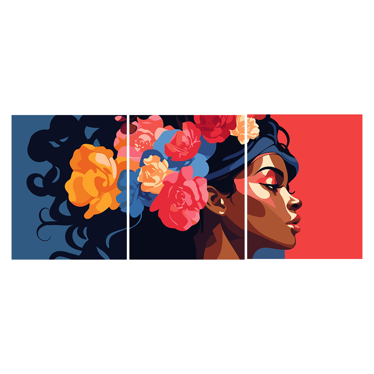 Vibrant portrait of a woman with colorful flowers in hair