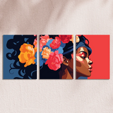 Vibrant portrait of a woman with colorful flowers in hair