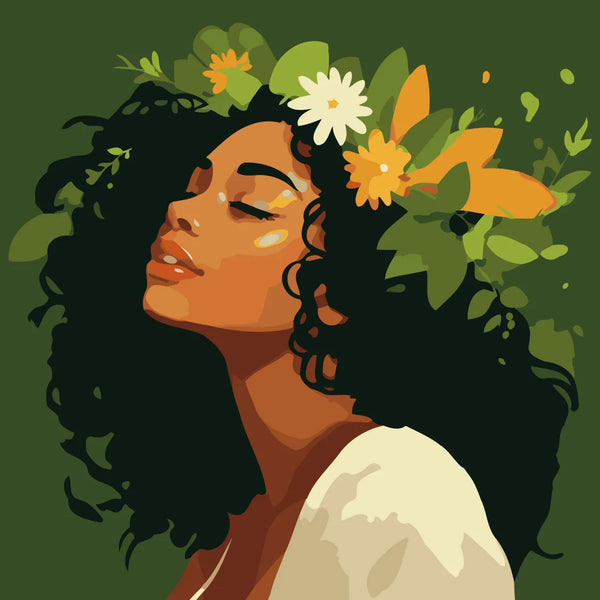 Woman with curly hair wearing a floral crown on green background