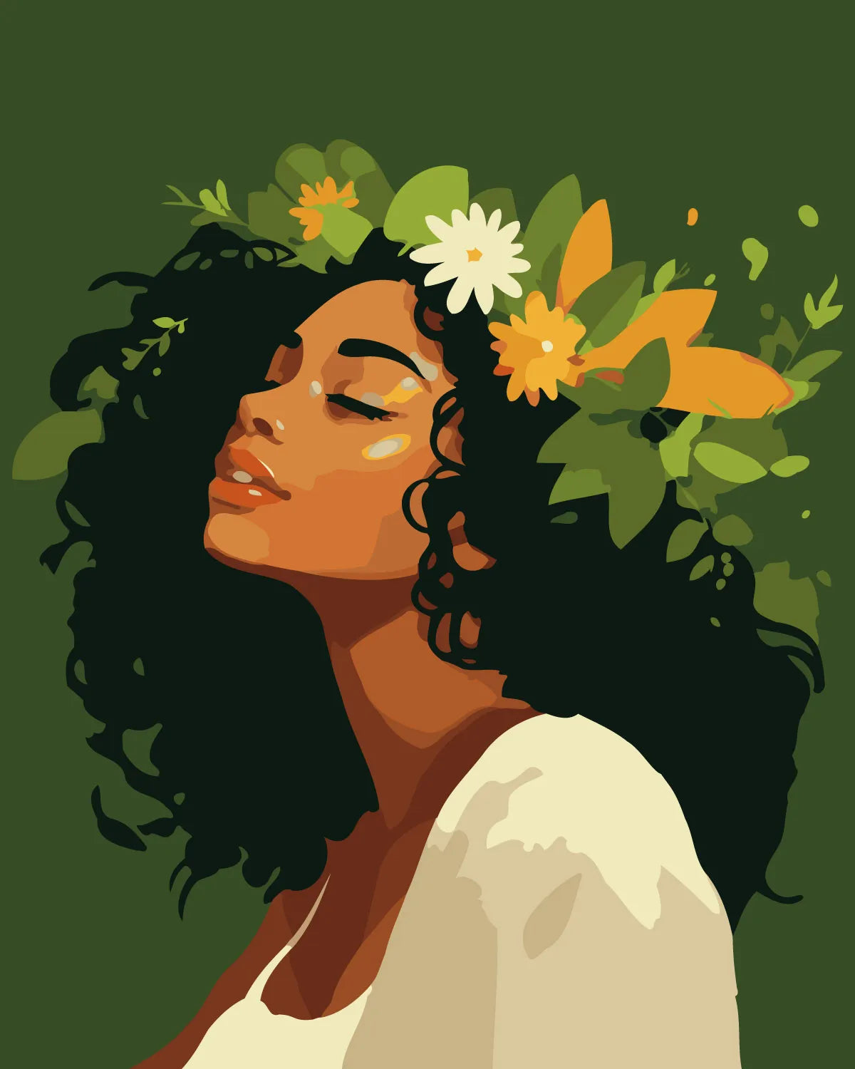 Woman with curly hair wearing a floral crown on green background