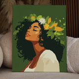 Woman with curly hair wearing a floral crown on green background