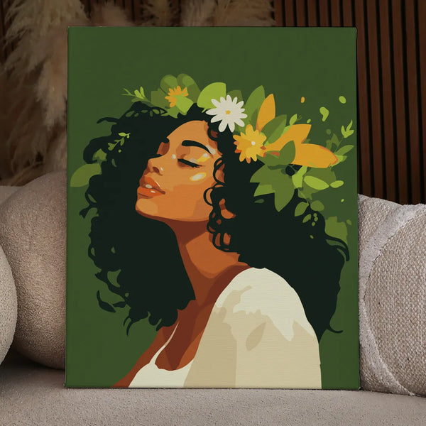 Woman with curly hair wearing a floral crown on green background