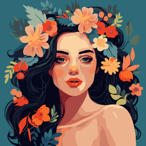 Portrait of a woman with dark hair adorned with colorful flowers