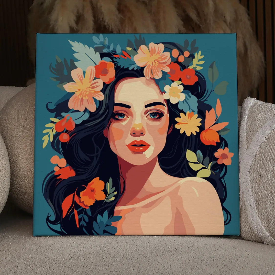 Portrait of a woman with dark hair adorned with colorful flowers