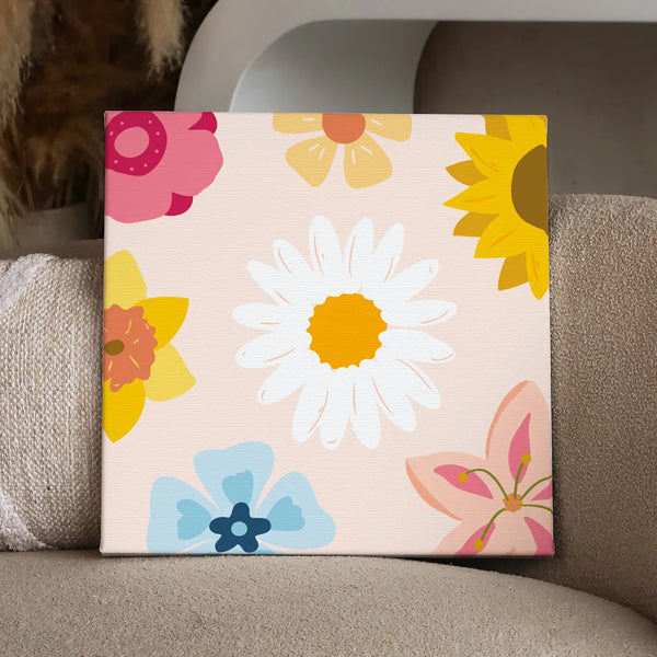Minimalist floral painting featuring daisies sunflowers and colorful blossoms