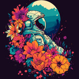Astronaut surrounded by vibrant flowers under a glowing moon