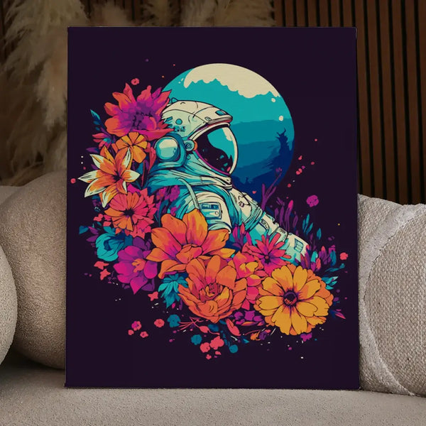 Astronaut surrounded by vibrant flowers under a glowing moon
