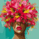 Abstract portrait of a woman with vibrant flowers covering eyes