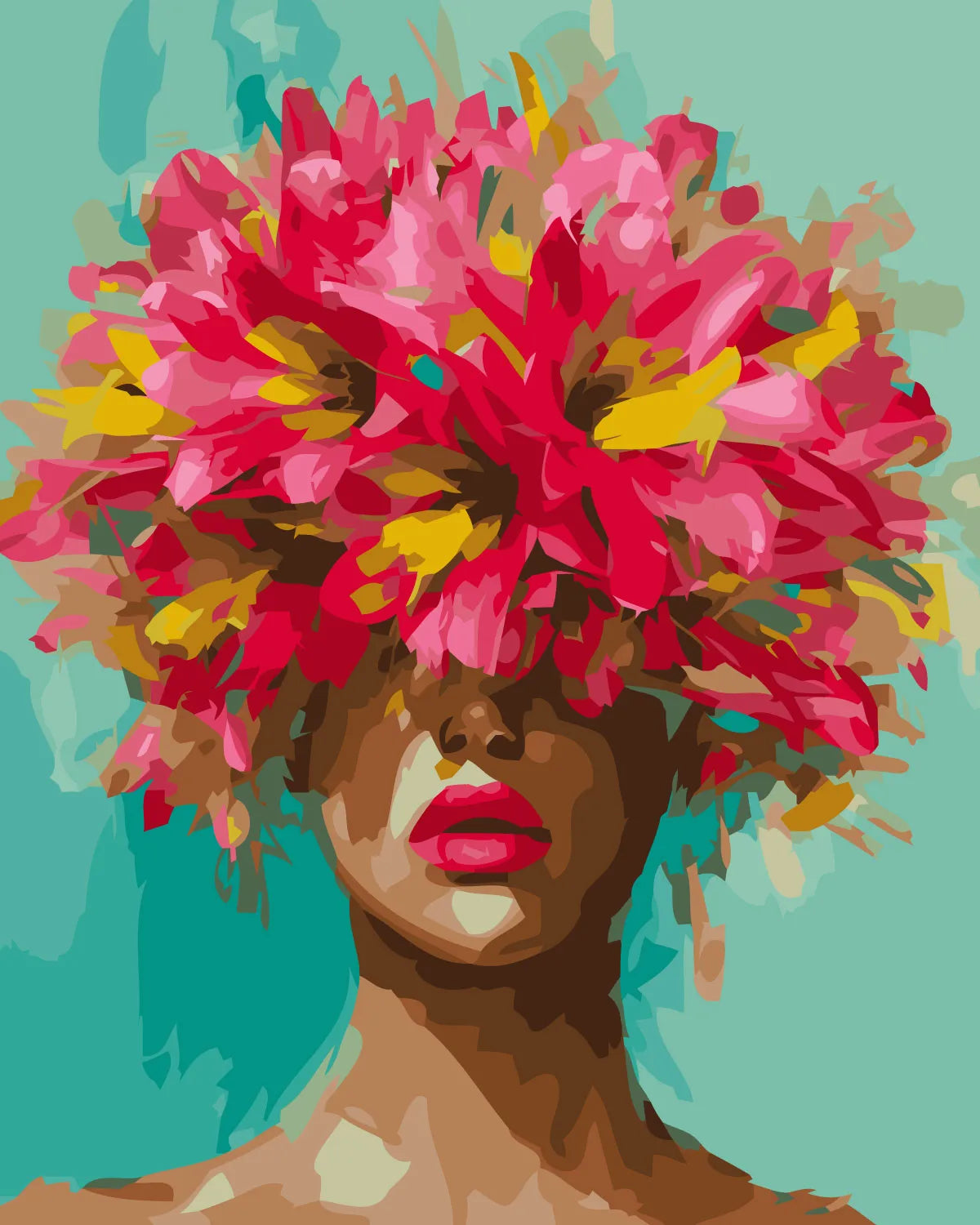 Abstract portrait of a woman with vibrant flowers covering eyes