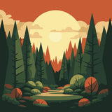 Serene forest landscape with tall trees and a glowing sunset