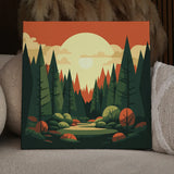 Serene forest landscape with tall trees and a glowing sunset