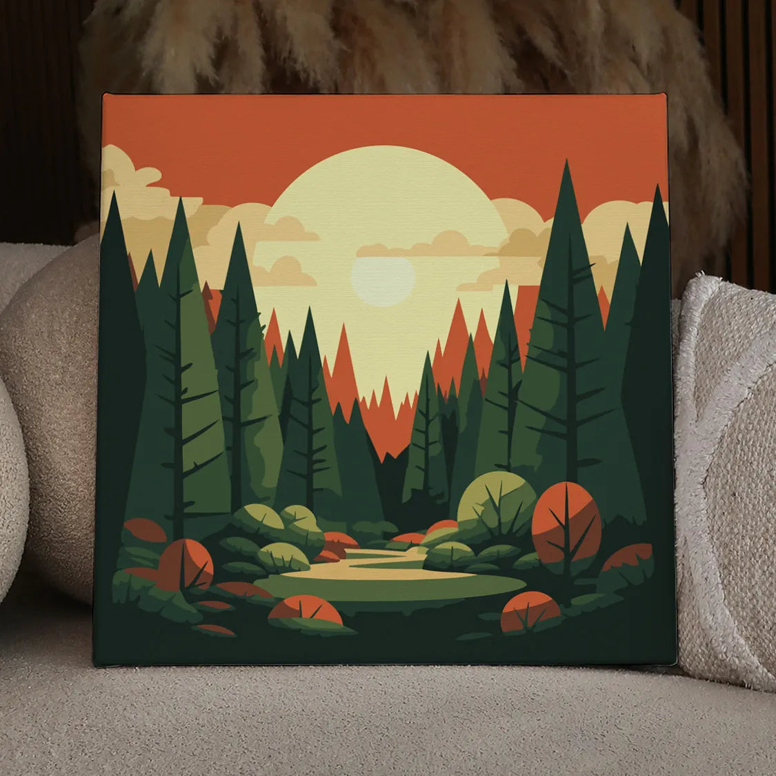 Serene forest landscape with tall trees and a glowing sunset