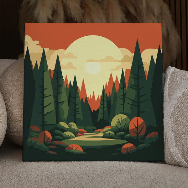 Serene forest landscape with tall trees and a glowing sunset