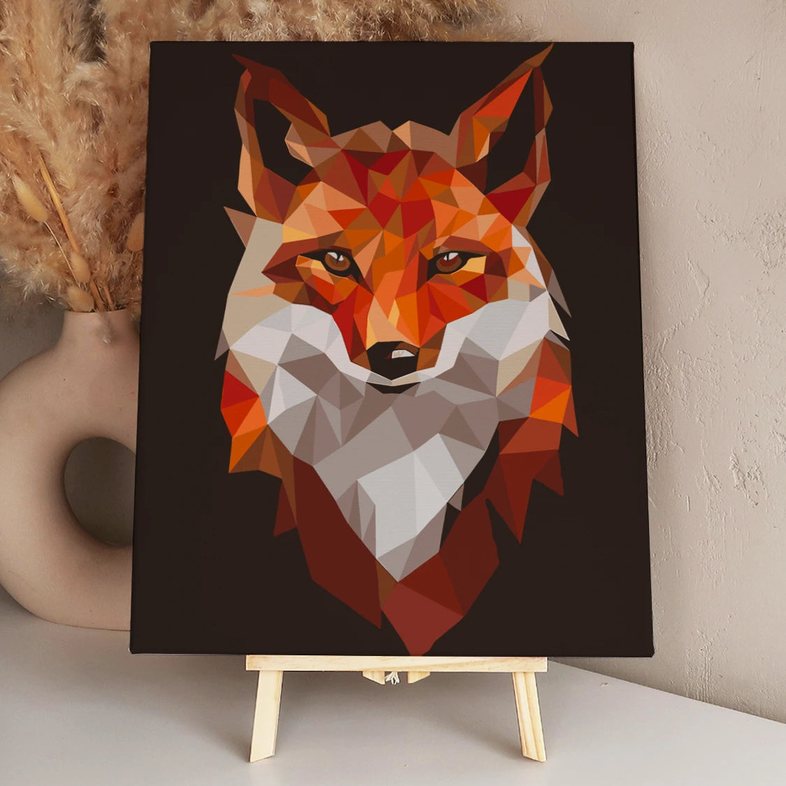 Geometric fox portrait with vibrant orange and white tones