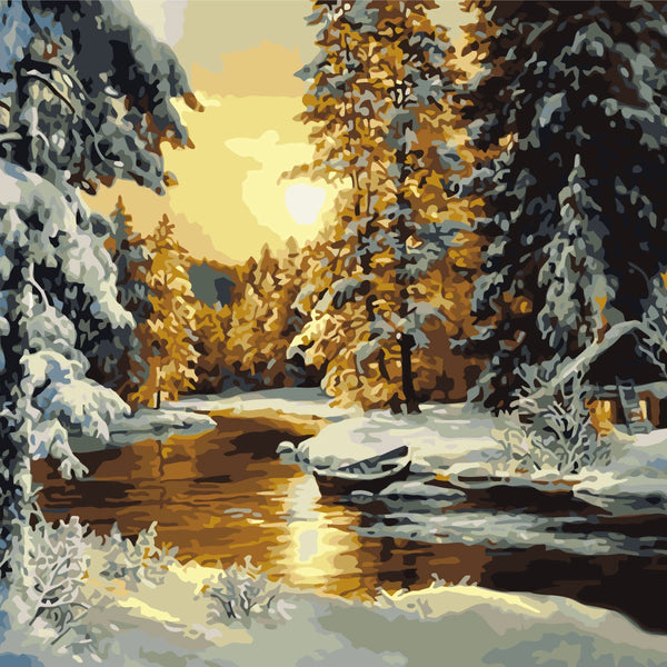 Winter landscape painting with snow-covered trees and golden sunset
