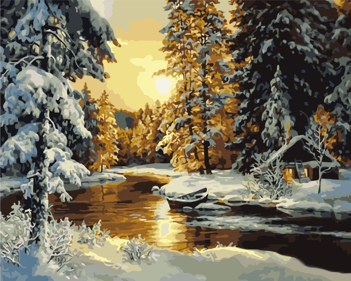 Winter landscape painting with snow-covered trees and golden sunset