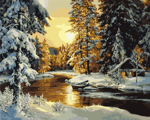 Winter landscape painting with snow-covered trees and golden sunset