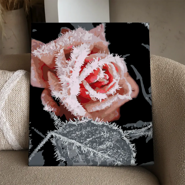 Frost-covered red rose in winter with a dark background