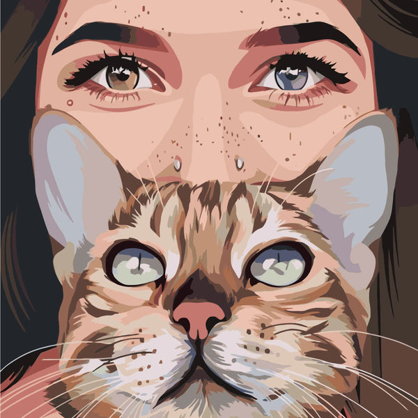 Close-up portrait of a woman holding a tabby cat
