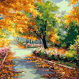 Vibrant autumn landscape painting with colorful trees and fallen leaves
