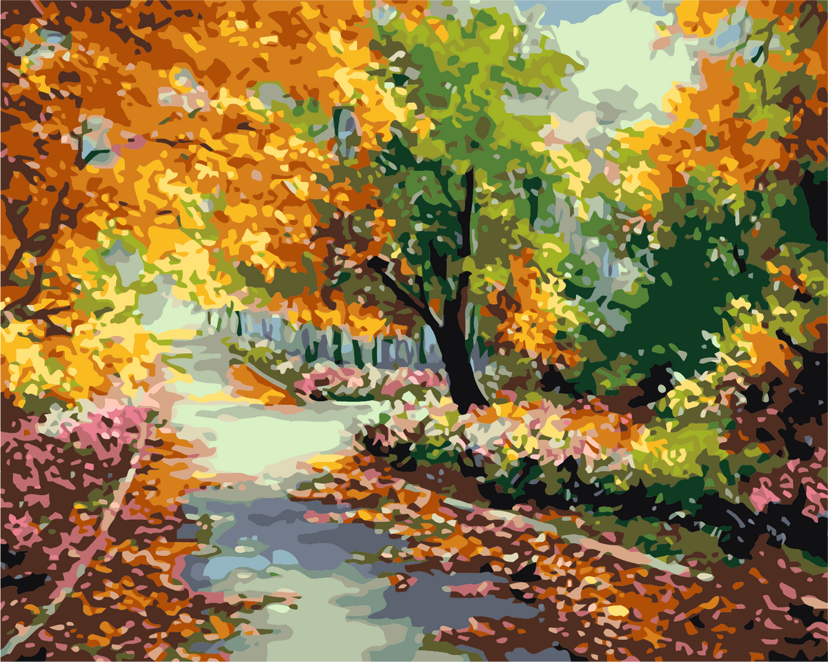Vibrant autumn landscape painting with colorful trees and fallen leaves